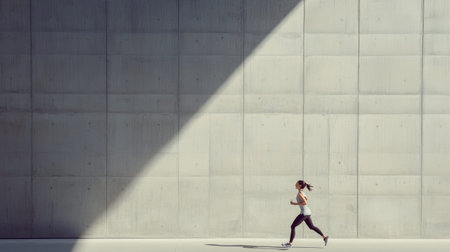 Young woman wearing sportswear is running along a concrete wall with a diagonal shadow projected on it, enjoying her outdoor workoutの素材