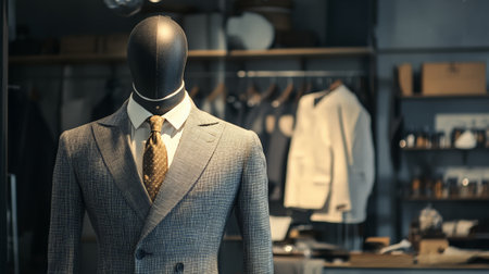Grey suit with elegant tie displayed on mannequin in a modern fashion boutique with blurred background showcasing shelves and another mannequinの素材