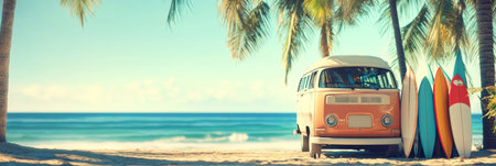 Vintage camper van is parked on a beautiful tropical beach, with surfboards leaning against palm trees, creating a perfect summer holiday sceneの素材