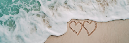 Turquoise sea waves gently washing over two hearts drawn on the sandy beach creating a romantic atmosphere perfect for valentines day or a honeymoonの素材