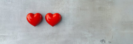 Two shiny red hearts side by side on a gray background creating a romantic atmosphere perfect for valentines day, mothers day, or any occasion celebrating love and affectionの素材