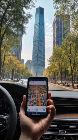 Hand holding smartphone displaying navigation app with map and route guidance, inside car dashboard, modern skyscraper visible through windshield, suggesting urban exploration and travelの素材