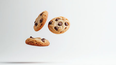 Three delicious chocolate chip cookies levitating against a clean white background create a visually enticing scene, highlighting their tempting, sweet allure and inviting indulgenceの素材