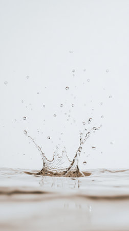 Crown shaped water splash rising from a calm water surface, creating ripples, droplets, and a sense of tranquility against a clean backgroundの素材