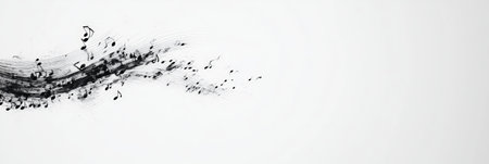Black musical notes create a visually dynamic flow against a clean white backdrop, symbolizing the movement and energy of music, sound, or a melodic compositionの素材