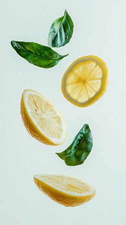 Three vibrant lemon slices and fresh green leaves levitating against a minimalist light green background, creating a refreshing and dynamic visual perfect for summer themesの素材