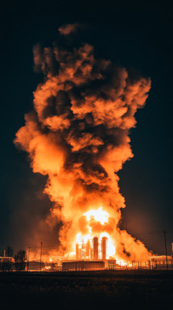 Large flames engulfing industrial structures, creating dense smoke plumes against the dark night sky, posing a significant hazard and highlighting industrial risksの素材