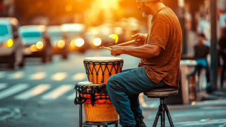 Street musician playing energetic drum beats on a bustling city street, surrounded by passing cars during a vibrant sunset, filling the evening air with rhythm and warmthの素材