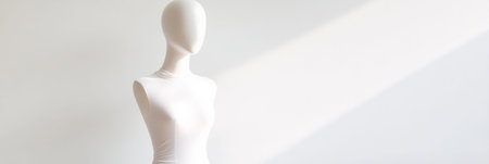 White female mannequin dressed in a white turtleneck top against a minimalist white background, featuring soft natural light for a clean, modern aestheticの素材
