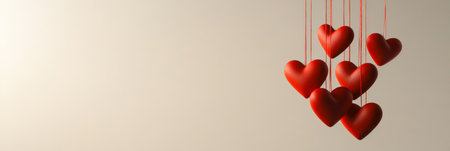 Red hearts hanging on strings create a romantic atmosphere, perfect for valentines day, mothers day, or any celebration of love and affection, with a simple background providing ample copy spaceの素材