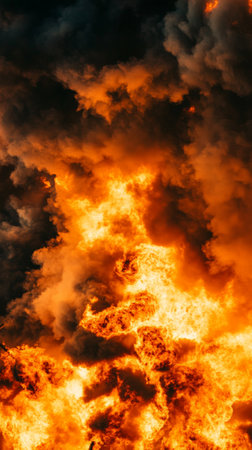 Intense orange and yellow flames rising through dark gray smoke create a dramatic scene of uncontrolled fire, symbolizing destruction and dangerの素材