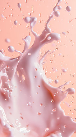 Pink liquid dynamically splashing against a vibrant coral backdrop, creating an eye catching visual perfect for valentines day, womens day, or spring themed projectsの素材