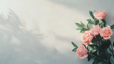 Bouquet of pink roses with green leaves lying on white table with shadows of plant creating romantic atmosphere, perfect for valentines day, mothers day or spring celebrationsの素材
