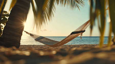White hammock swaying gently between palm trees on a stunning sandy beach at sunset, creating a serene and idyllic atmosphere perfect for relaxation and vacation blissの素材