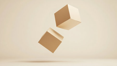 Two identical beige cubes levitating gracefully over a soft pastel background, casting delicate shadows that enhance a minimalist and intriguing visual compositionの素材