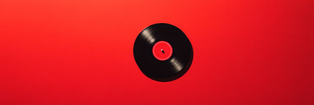 Black vinyl record featuring a striking red label resting against a vibrant red background, capturing the essence of music, sound recording, and classic audio nostalgiaの素材