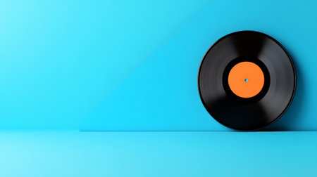 Black vinyl record with a bright orange label standing upright against a vibrant blue backdrop, creating a striking contrast and evoking a sense of musical nostalgiaの素材