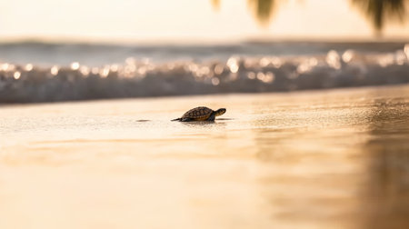 Baby sea turtle walking toward the ocean along a sandy beach at sunset, leaving tiny ripples in the wet sand, embodying the journey of survival and hope in natures embraceの素材