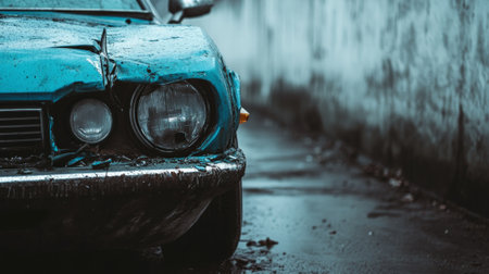 Close up view of a damaged blue car resting against a weathered wall, emphasizing the vehicles state of disrepair amid the surrounding urban decay and neglectの素材