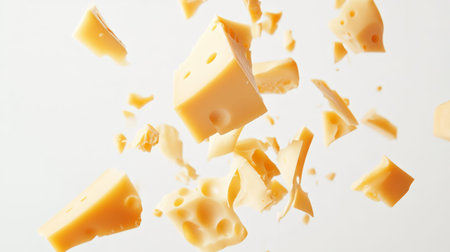 Levitating pieces of delicious swiss cheese in various sizes float against a clean white background, creating a visually striking and appetizing arrangement perfect for culinary themesの素材