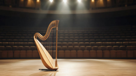Pedal harp placed on a wooden stage in an empty auditorium illuminated by spotlights, creating an evocative atmosphere of anticipation for a classical music performanceの素材