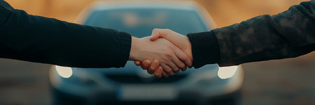 Two businessmen shaking hands in front of a sleek new car, finalizing a successful purchase agreement in a vibrant dealership showroom, celebrating a fruitful business dealの素材