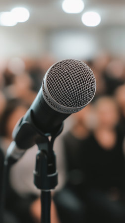 Microphone positioned on stage, waiting for a singer, speaker, or comedian to engage with a blurred audience in an auditorium or theater, creating an atmosphere of anticipationの素材
