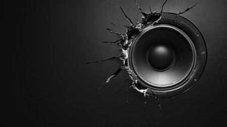 Black audio speaker breaking through a black surface, sending cracks and debris flying, representing the powerful impact of sound and music that energizes and captivatesの素材