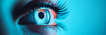 Close up of a womans eye with a futuristic digital display projected onto her iris and pupil, highlighting advancements in vision technology and biometricsの素材
