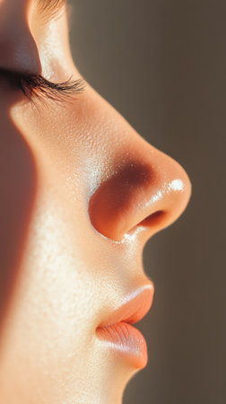 Profile of a beautiful young woman with shiny lips and nose, highlighting the results of cosmetology and lip augmentation, creating a perfect and radiant look for beauty and skincare conceptsの素材