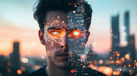 Double exposure portrait of a young man with glowing eyes, merging with a futuristic digital network and a modern cityscape at sunset, symbolizing technology and connectionの素材
