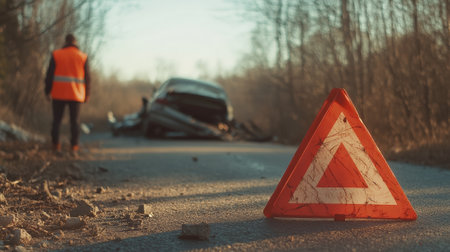 Emergency warning triangle placed on asphalt road near damaged car after road accident, driver standing on roadside waiting for help at sunsetの素材