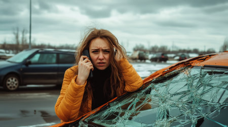 Worried woman calling insurance company on mobile phone while standing next to damaged orange car with broken windshield in a dealership parking lot after road accidentの素材