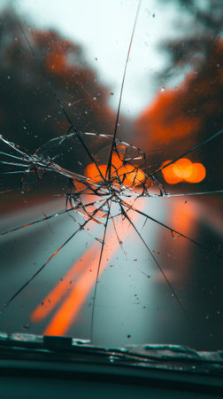 Blurred traffic lights and road lines are visible through a broken windshield covered with raindrops after a car accident, creating a dramatic and dangerous sceneの素材