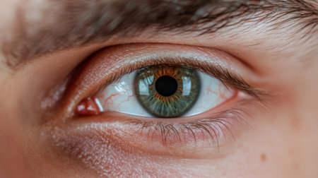 Extreme close up of a human eye showcasing the intricate details of the iris, pupil, and surrounding skin, highlighting the beauty and complexity of the organ of visionの素材