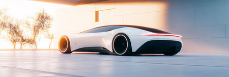 Sleek white electric sports car exiting a modern showroom at sunset, showcasing innovative automotive design and sustainable transportationの素材