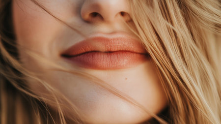 Blonde hair partially covering face of smiling woman showing perfect lips with lipstick and white teeth, concept of cosmetology, lip augmentation, dentistry and beautyの素材