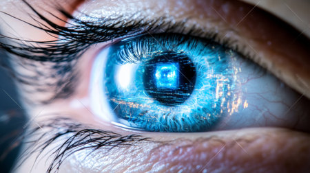 Close up of an eye with a bright blue iris reflecting a futuristic cityscape at night and digital code, evoking themes of vision, technology, and the futureの素材