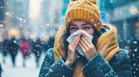 Young woman blowing her nose with tissue while walking in snowy city center, suffering from cold, flu or other illness during winter seasonの素材