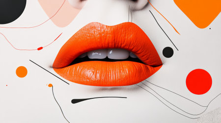 Close up of orange lips showing white teeth, combined with abstract design elements forming a visually striking composition, ideal for beauty, fashion, and cosmetics projectsの素材