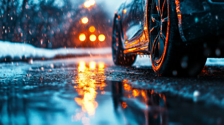 Wet asphalt reflecting vibrant city lights while a modern car speeds through a rainy night, creating a dramatic, cinematic atmosphere filled with motion and urban energyの素材