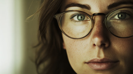 Close up portrait of a young woman wearing eyeglasses, highlighting her beautiful eyes, clear vision, and healthy eyesight, emphasizing the importance of eye care and regular checkupsの素材