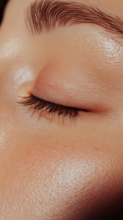 High quality close up of a closed eye highlighting perfect eyebrow shape and smooth skin, suggesting successful cosmetology or skin treatment enhancing natural beauty and promoting wellnessの素材