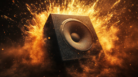 Audio speaker exploding with vibrant orange particles and sparks, creating a powerful visual representation of sound and energy, ideal for music, concerts, or audio related themesの素材