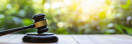 Judges gavel lying on wooden sound block, representing legal proceedings, court decisions, and the pursuit of justice in a serene outdoor settingの素材