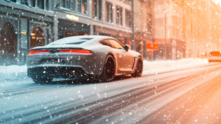 Silver modern sports car navigating a snow covered city street during snowfall, with visible tire tracks and urban buildings blurred in the warm orange sunset glowの素材