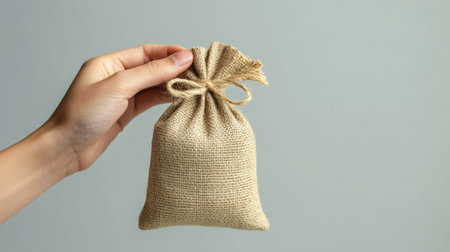 Hand gently holds a small burlap sack tied with twine, representing savings, investment, and financial security against a minimalist gray backdropの素材