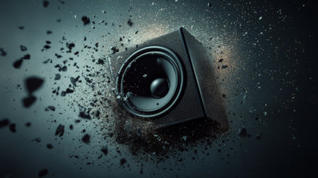 Studio monitor speaker exploding on dark background, surrounded by dust and debris, illustrating the concept of powerful sound and music energyの素材