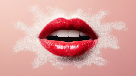 Sensual open mouth showing white teeth with bright red lipstick surrounded by white powder on a pink background evokes concepts of beauty, cosmetics, and lip augmentationの素材