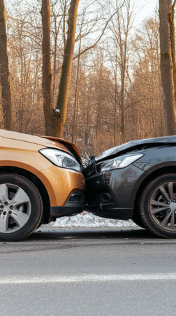 Two modern cars are involved in a frontal collision on a winter road near a forest, highlighting the dangers of driving in adverse weather conditionsの素材